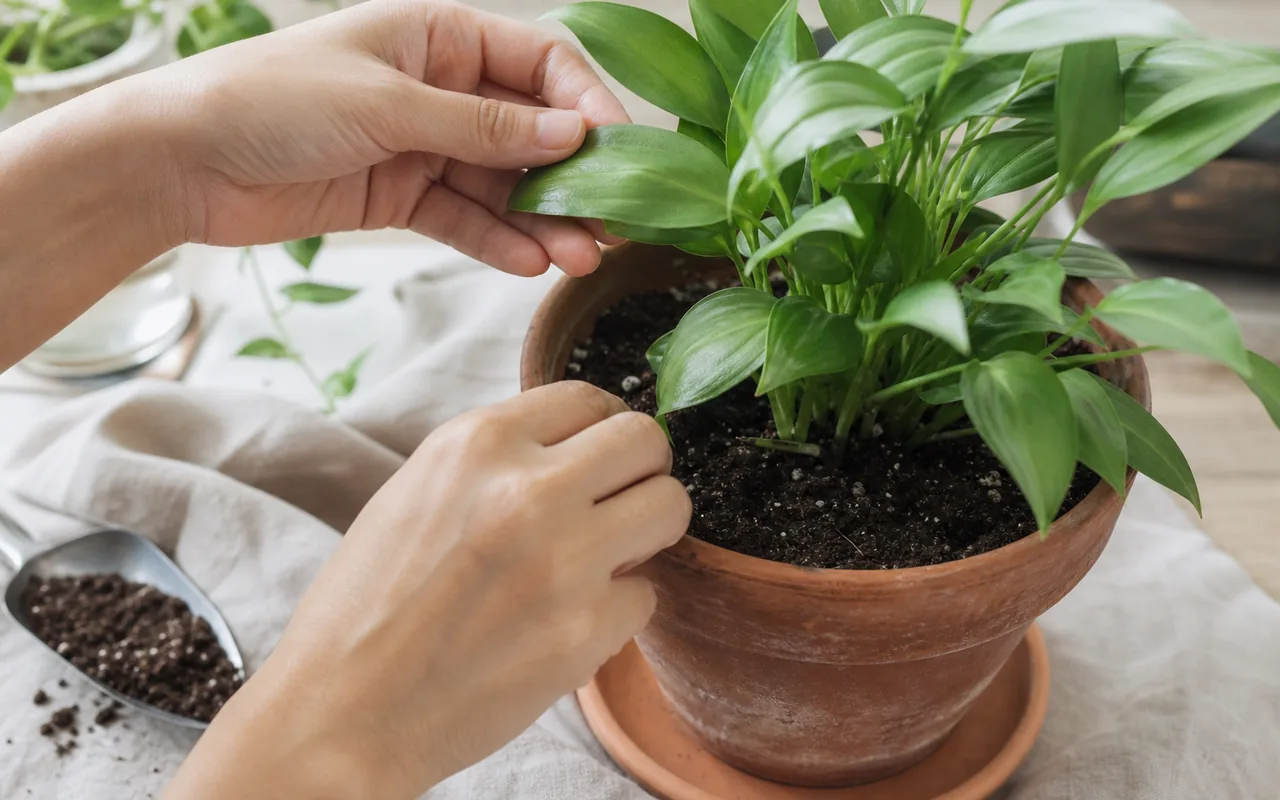 Hands checking leaves and soil while caring for an indoor plant