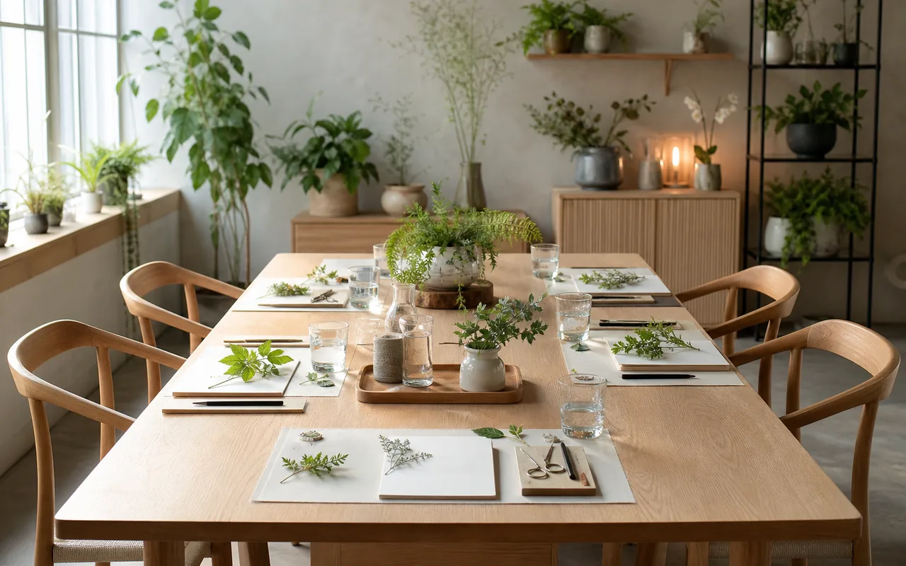 An inviting shared table set for a small botanical learning session