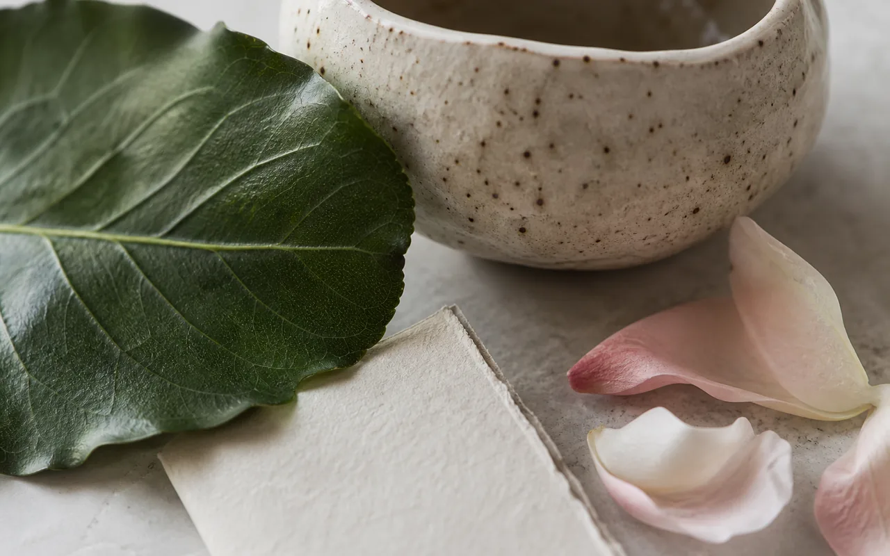 A close botanical still life showing leaf, petal, paper, and ceramic textures
