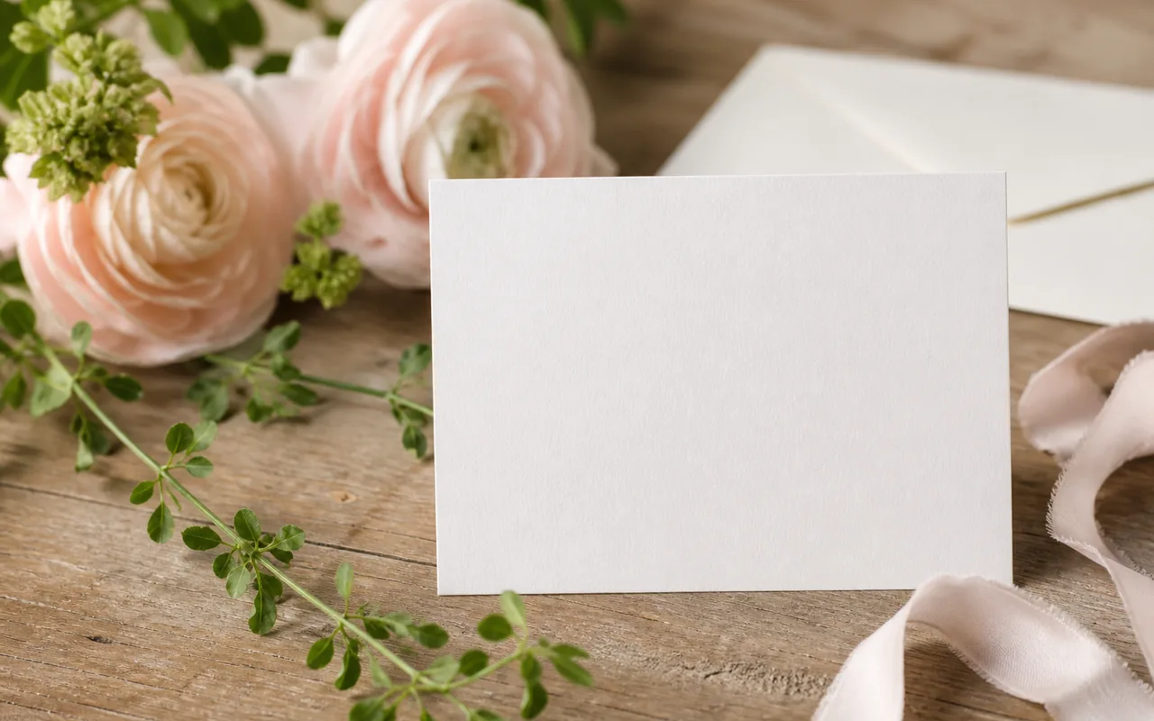 A handwritten-style blank note card beside flowers and greenery