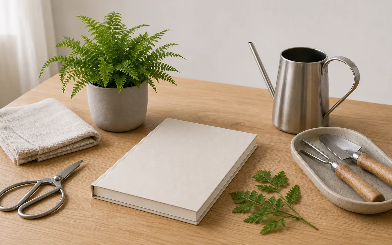 A clean studio surface organized with a notebook, plant tools, and foliage