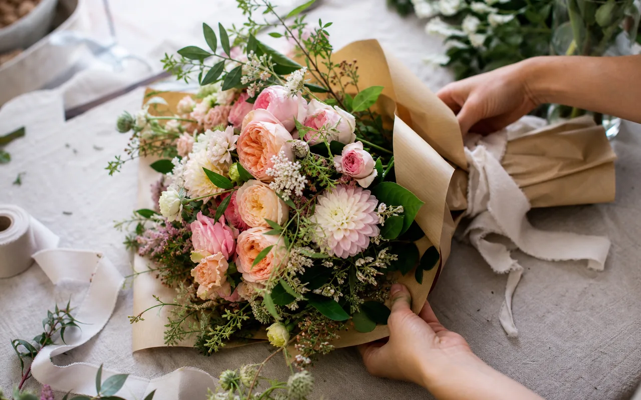 A seasonal bouquet being wrapped by hand on a linen worktable