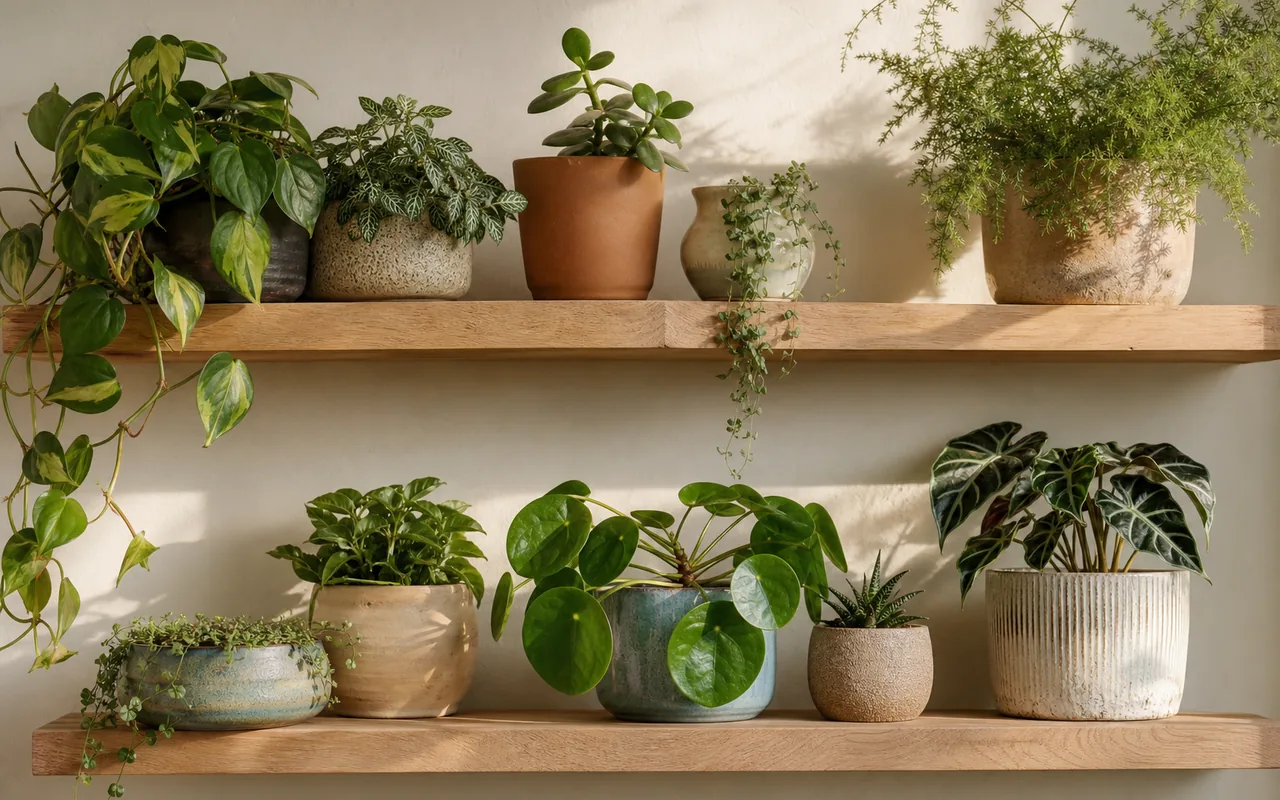 A curated wall of varied indoor plants in ceramic and terracotta vessels