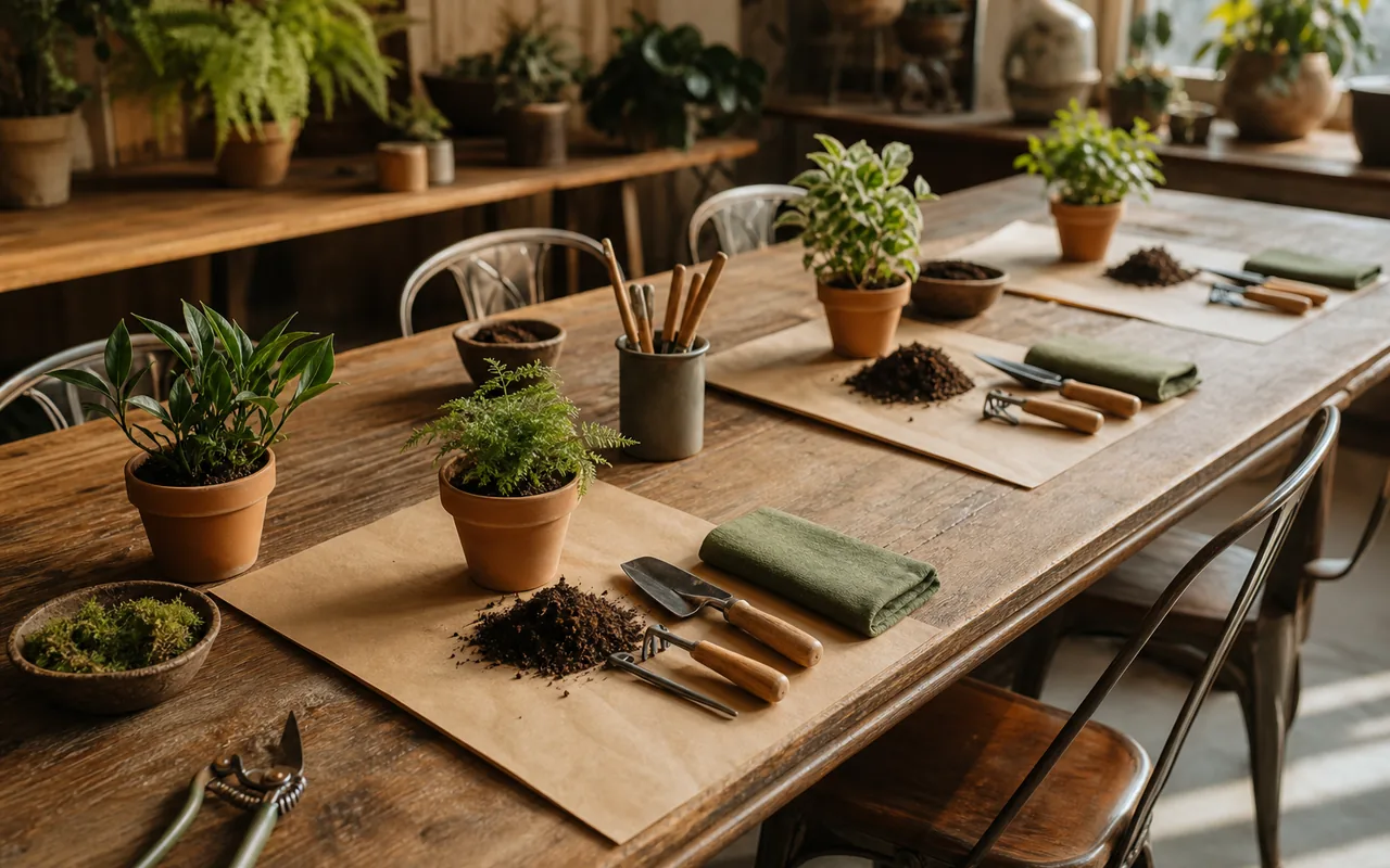 A botanical workshop table prepared with small plants, soil, and hand tools