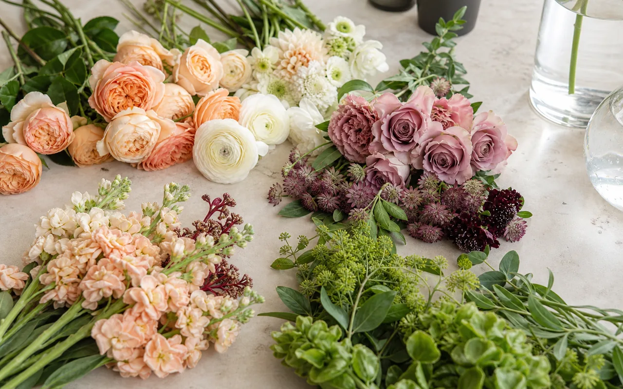 Seasonal flowers grouped by color for a custom arrangement request