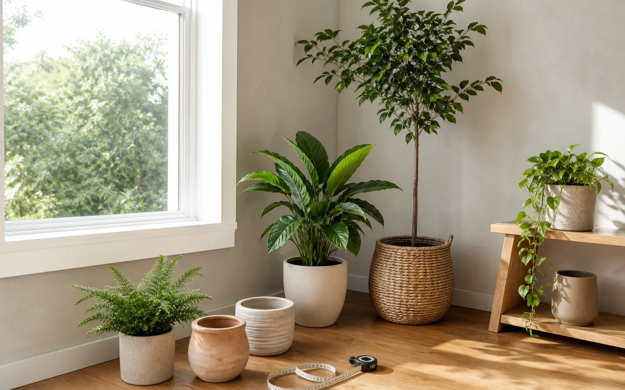 Indoor plants being evaluated beside a window in a bright room