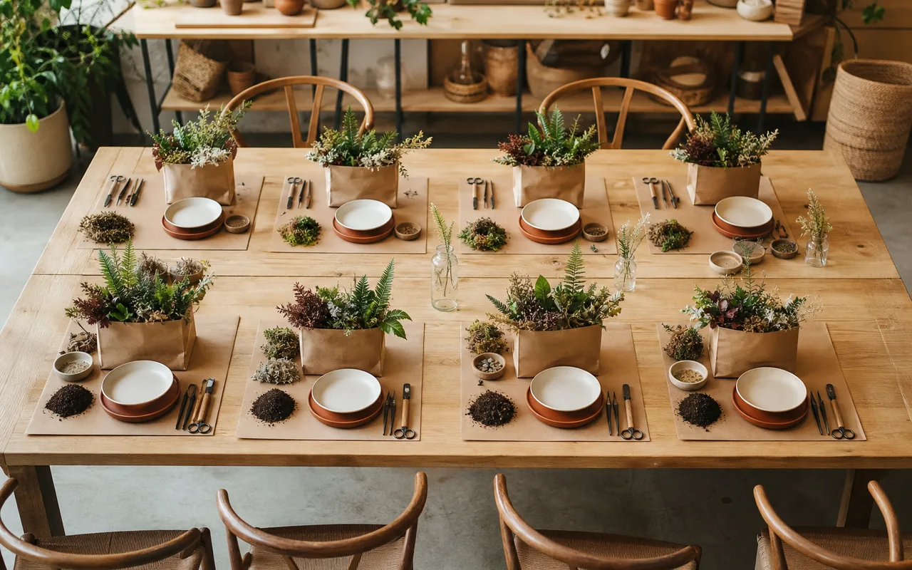 A small group workshop setup with individual botanical materials and tools