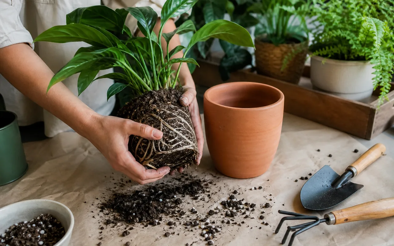 A healthy houseplant being repotted with fresh soil and clean hand tools