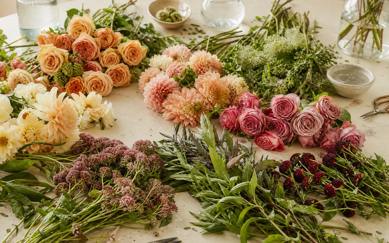 Fresh garden-style flowers arranged on a clean studio table