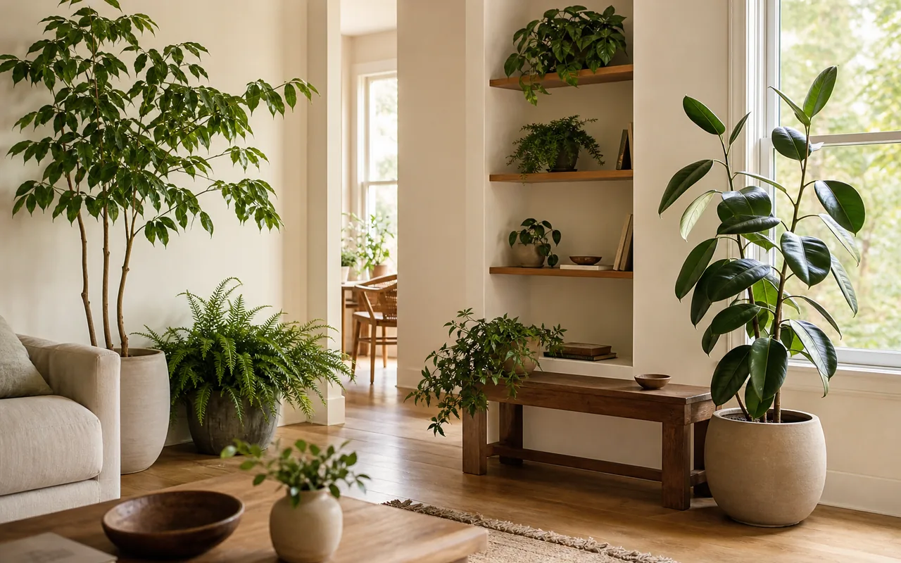 Indoor plants being positioned in a bright, calm room